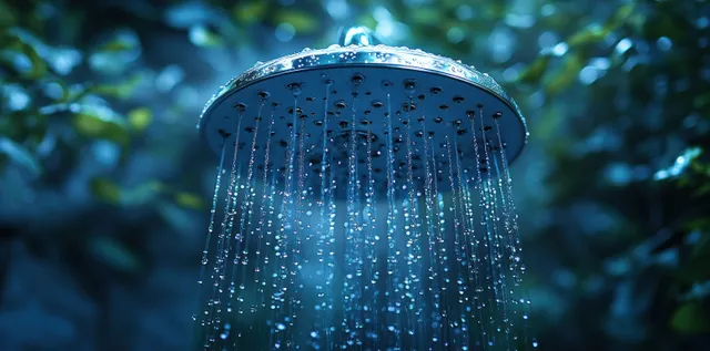 Water sprinkler head releasing spray in a lush outdoor garden at night