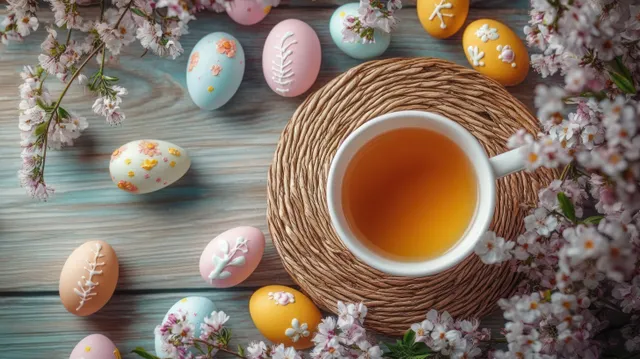 Tea cup on a woven coaster surrounded by pastel Easter eggs and white cherry blossoms on rustic wood.