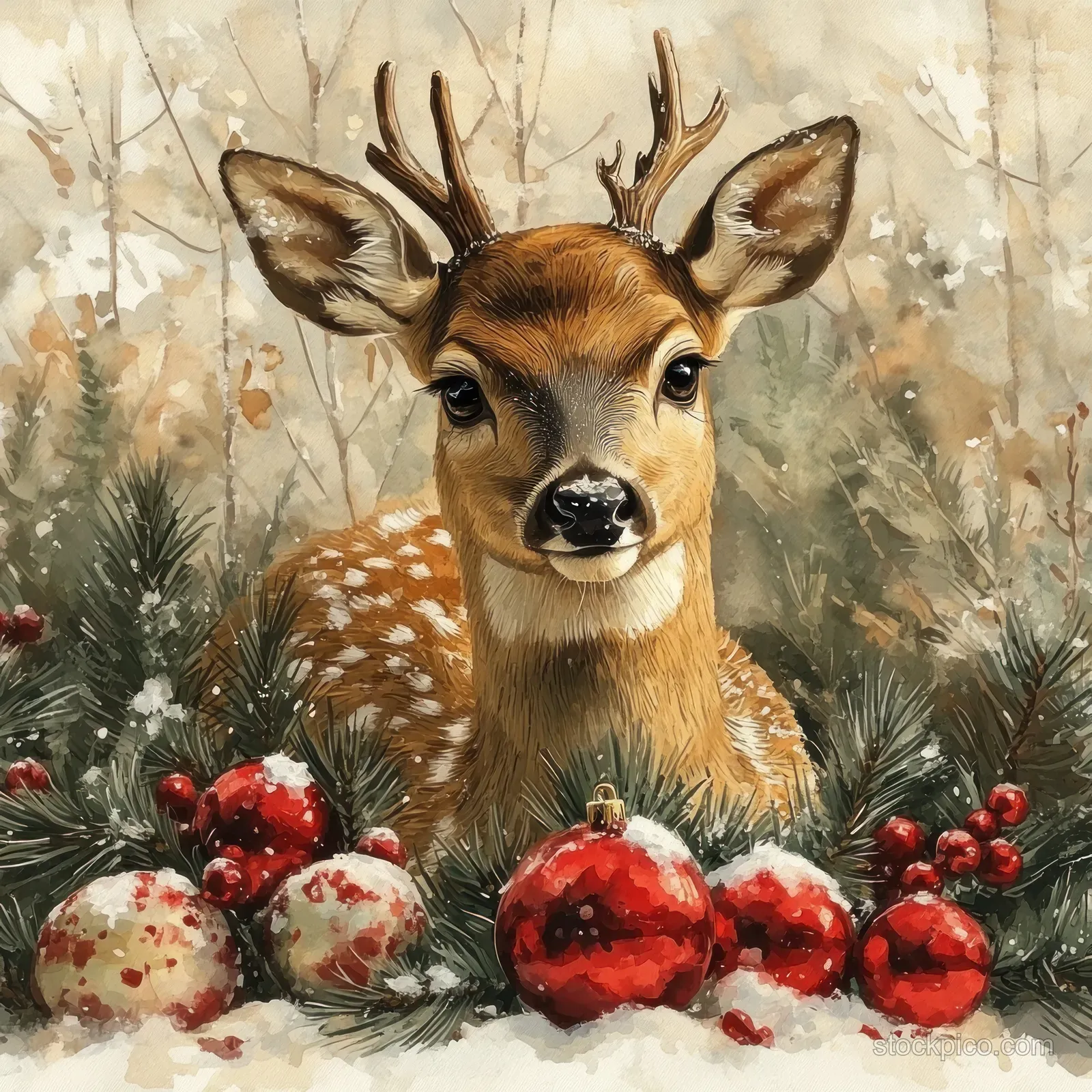 A deer portrait in watercolor sits among snowy fir branches with holly berries and pine cones.