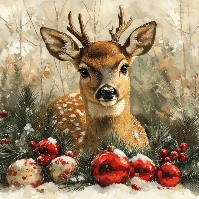 Winter deer portrait in watercolor surrounded by holly berries, pine cones, and ornaments