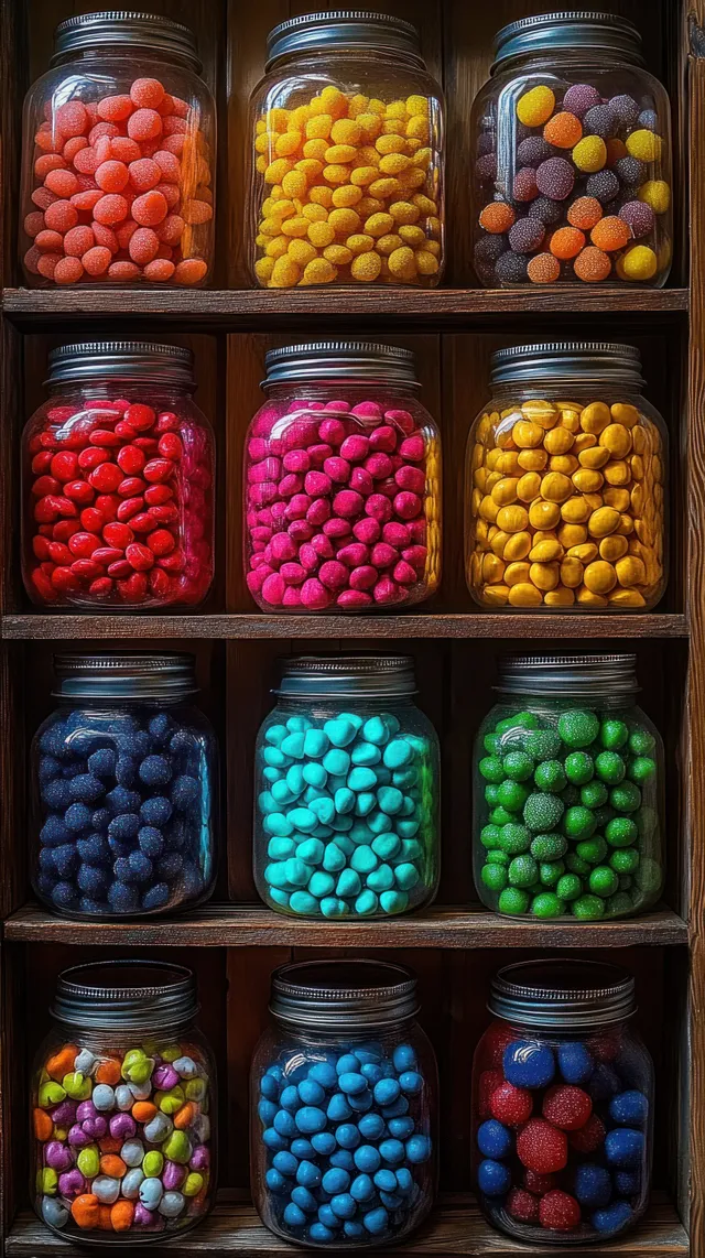 Colorful round candies fill multiple glass jars arranged on wooden shelves.