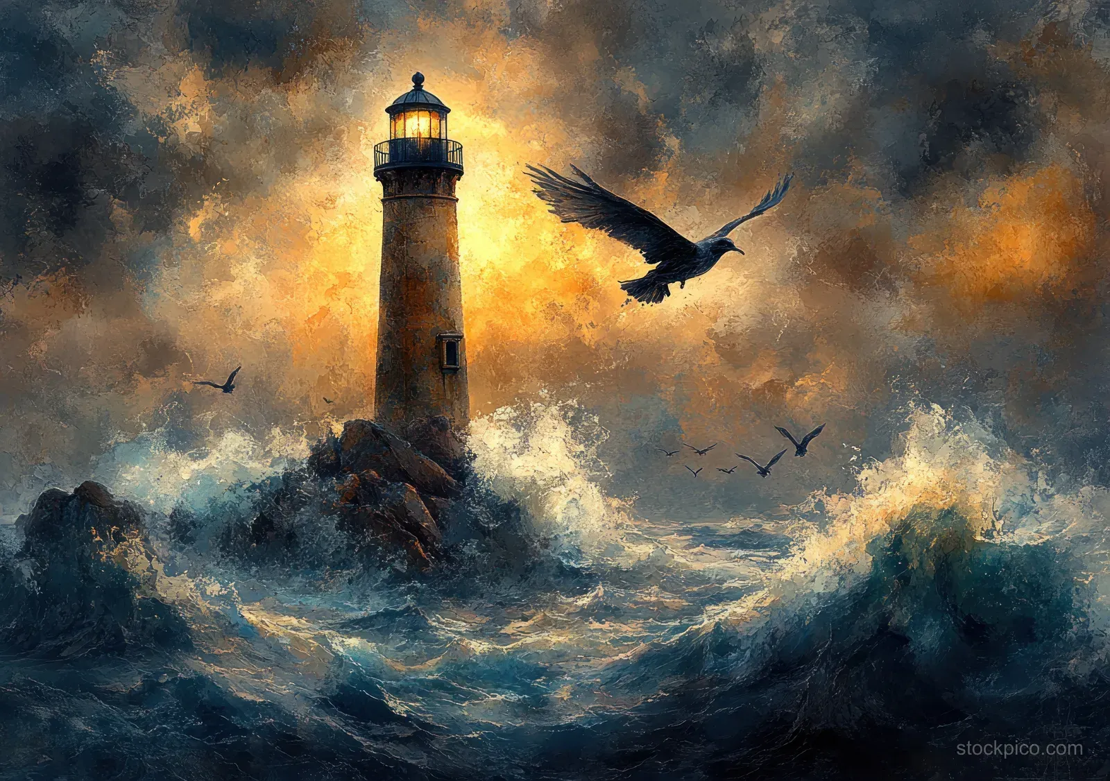 Watercolor lighthouse on rocky coast with stormy waves, dark clouds, glowing beam, and seabirds overhead.
