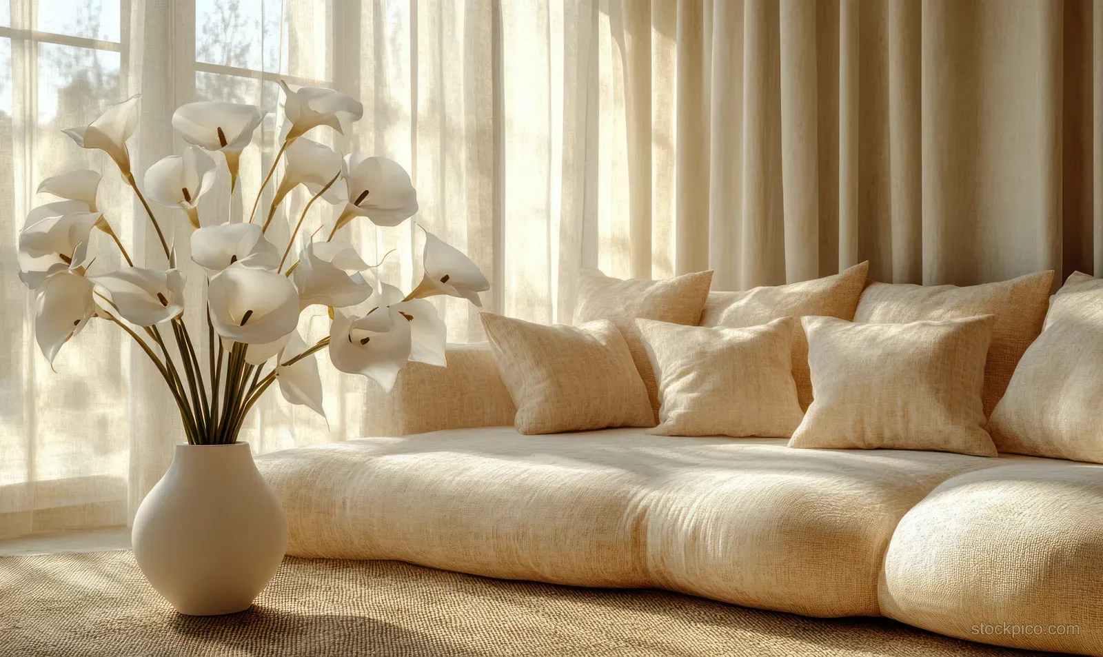 Linen sofa in a minimalist living room with white orchid vase and warm sunlight behind sheer curtains.