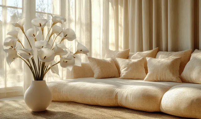 Linen sofa in a minimalist living room with white orchid vase and warm sunlight behind sheer curtains.