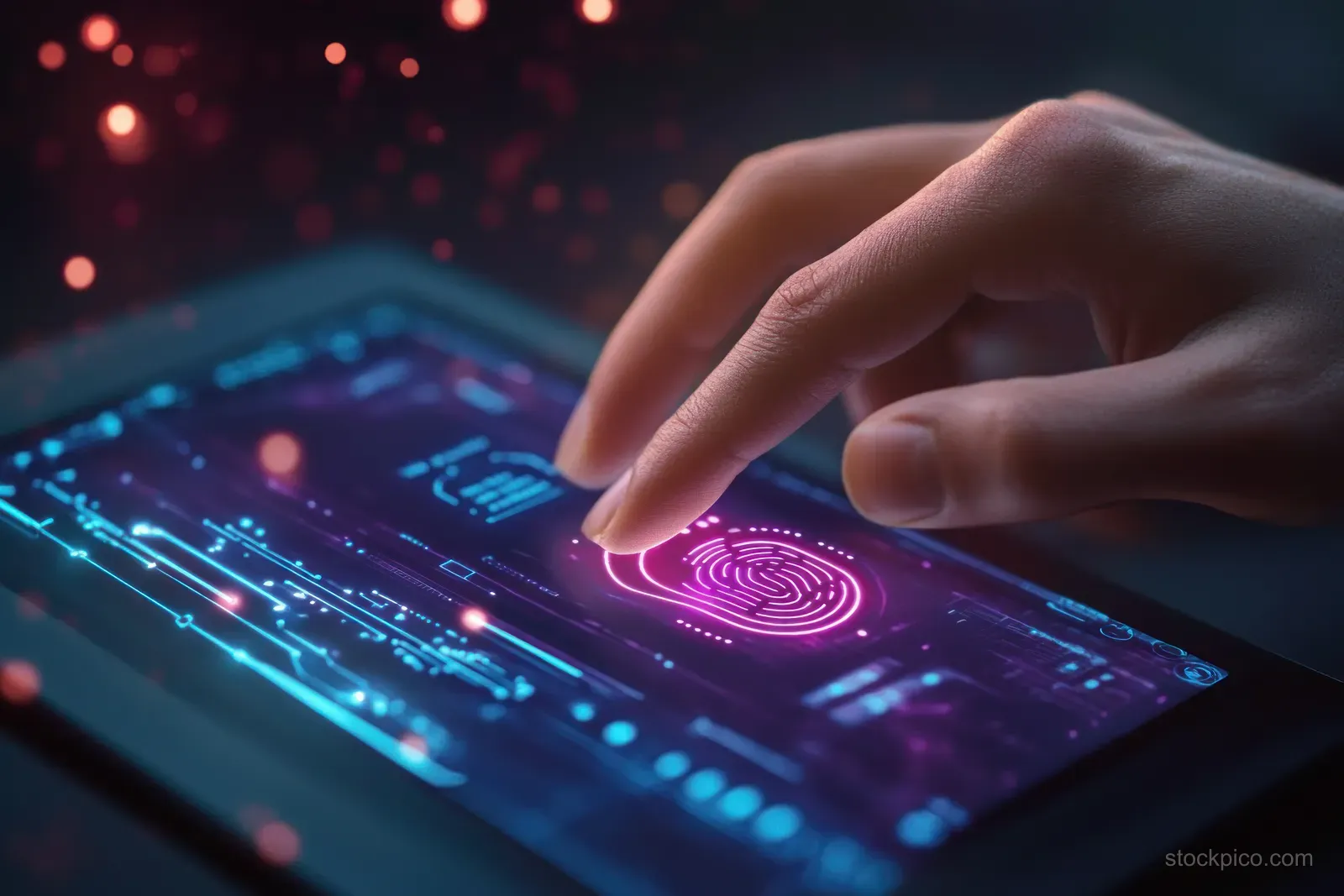 A hand scans a glowing fingerprint on a digital security touchscreen.