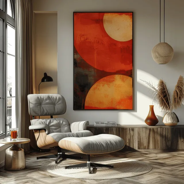 Blue armchair and wooden coffee table in a Scandinavian mid-century living room with a large abstract canvas on the wall.