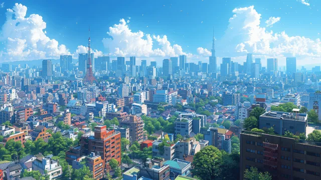 Anime-style Tokyo skyline shows skyscrapers and rooftops under a bright blue daytime sky.