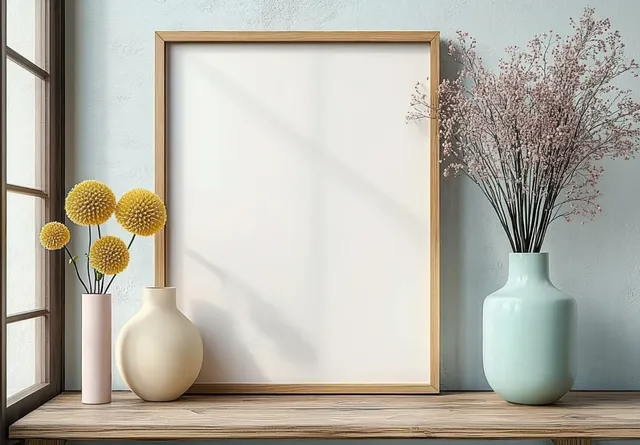 Wooden frame leaning on a minimalist table next to pastel vases with flowers in soft daylight.