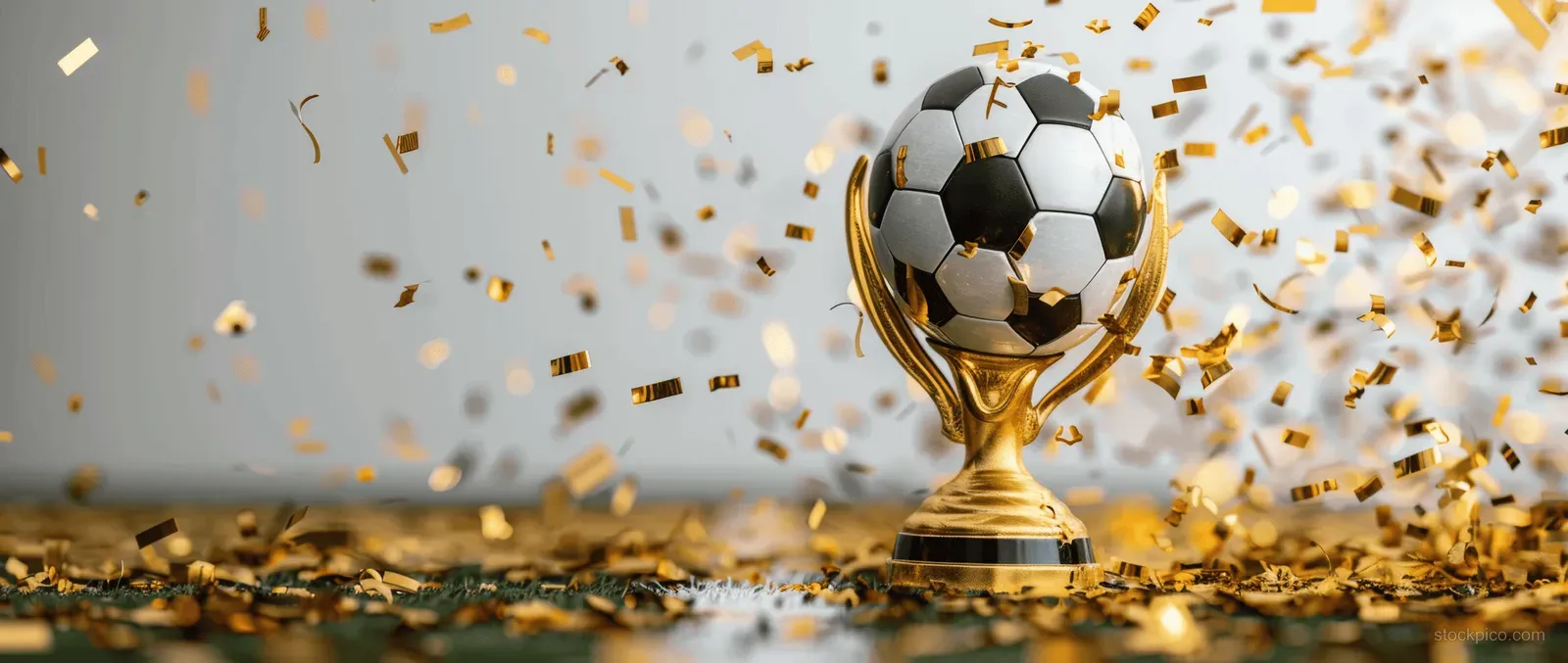 A gold trophy cup with a soccer ball sits as golden confetti falls on a bright background.