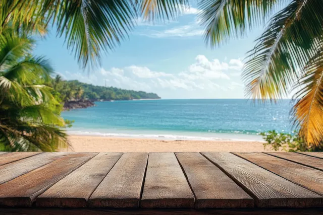 Palm leaves frame a sunny tropical beach while a rustic wooden deck overlooks clear blue ocean water.