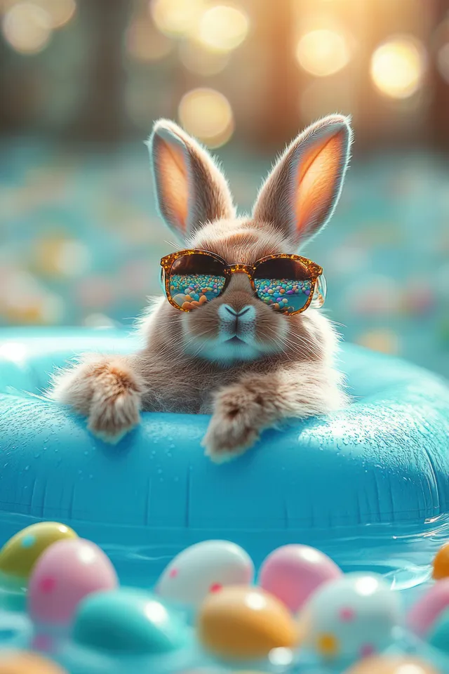 A light brown rabbit wearing sunglasses lounges on a blue inflatable ring surrounded by pastel Easter eggs.