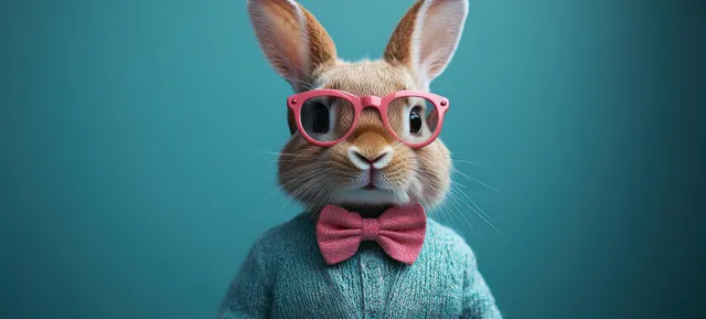 Easter bunny wearing pink sunglasses and bow tie against teal spring background
