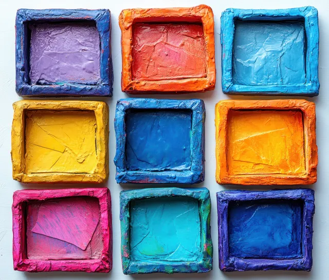 Neon colored crayon frames arranged in a grid on dark tabletop