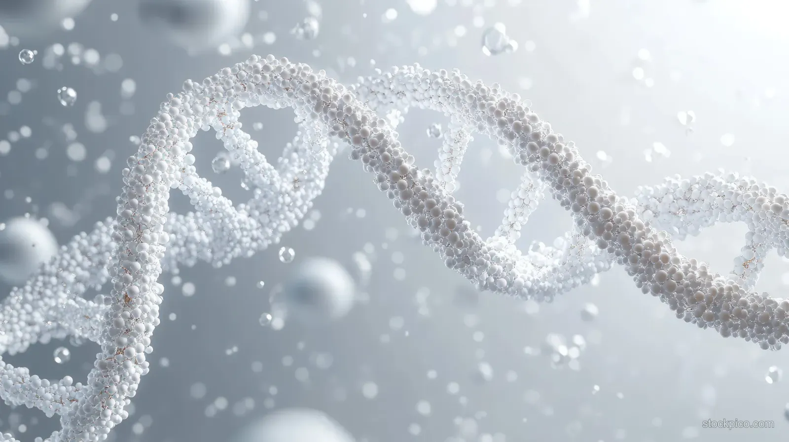 A white 3D DNA double helix floats in light grey with scattered particles and soft bokeh.