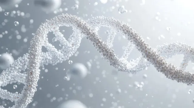 A white 3D DNA double helix floats in light grey with scattered particles and soft bokeh.