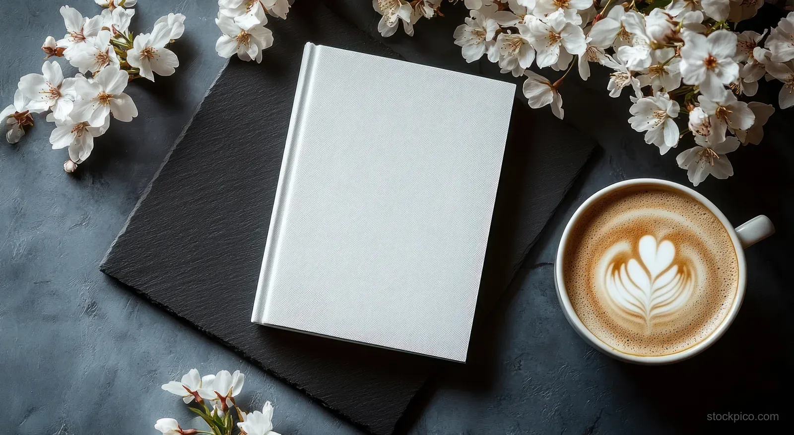 Blank white book on dark slate next to a latte cup with rosette foam, surrounded by white cherry blossoms.