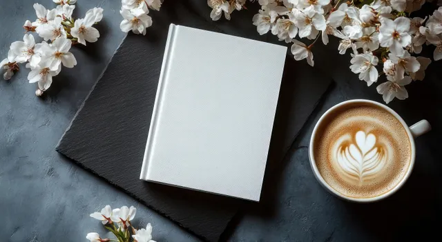 Blank white book on dark slate next to a latte cup with rosette foam, surrounded by white cherry blossoms.