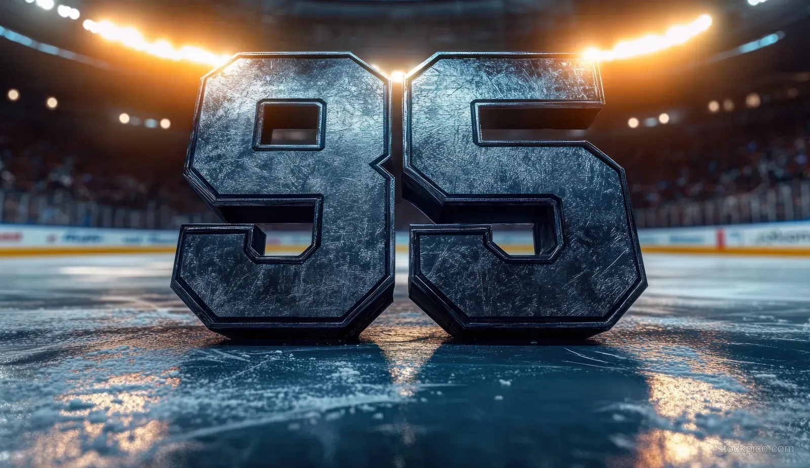 Giant metallic number 95 on an ice hockey rink under bright stadium lights with a blurred crowd in back.