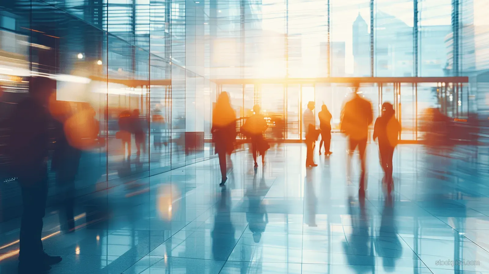 Business people walk in a glass office hallway with sunlit light beams and reflections on the polished floor.