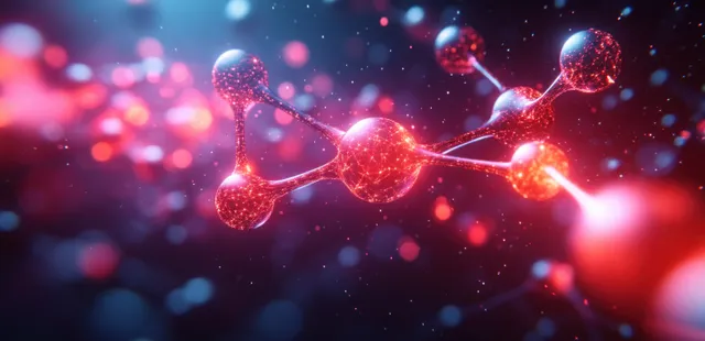 3D serotonin molecule floating in cyberpunk neon light with glowing bonds