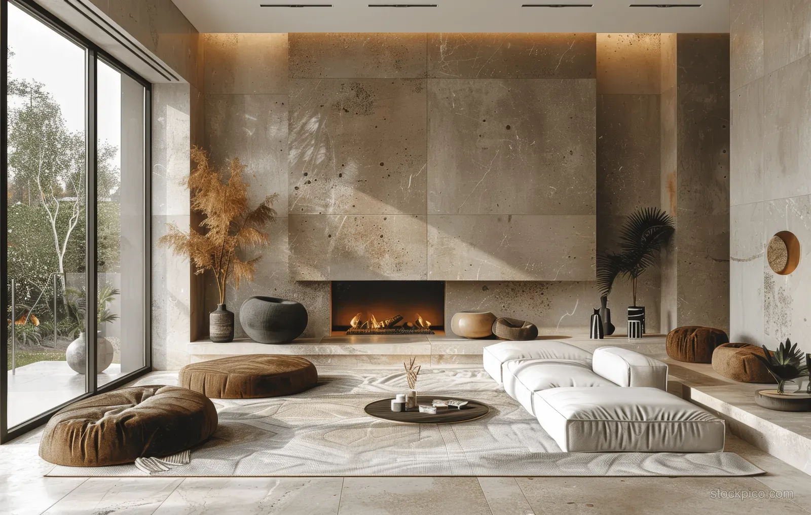 Beige minimalist living room with concrete walls, lit fireplace, curved sofa, and large window daylight.