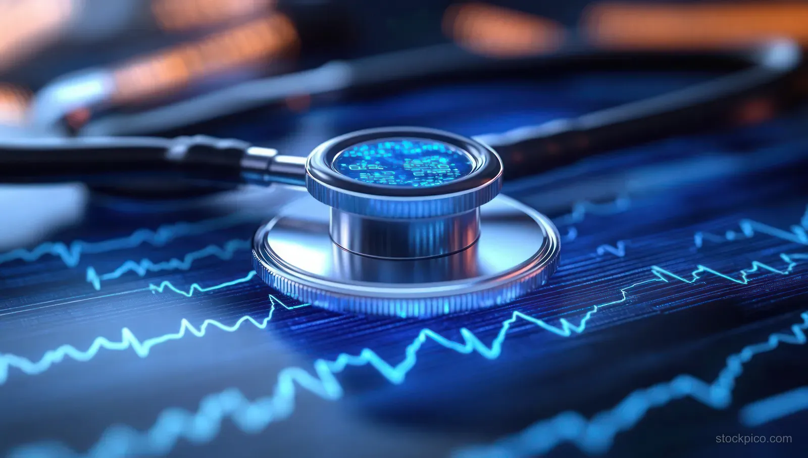 Stethoscope diaphragm sits over a digital screen with blue heart rate waveforms.