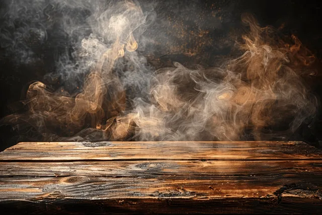 Humo arremolinado se eleva desde una mesa de madera envejecida contra un fondo oscuro.