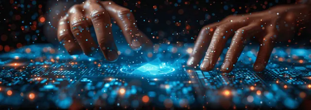 Glowing hands over blue digital network dots and social media icons on laptop screen