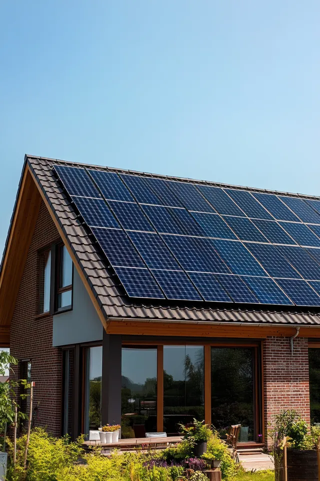 Brick house exterior with solar panels on the roof and garden plants beside large windows under a clear blue sky.