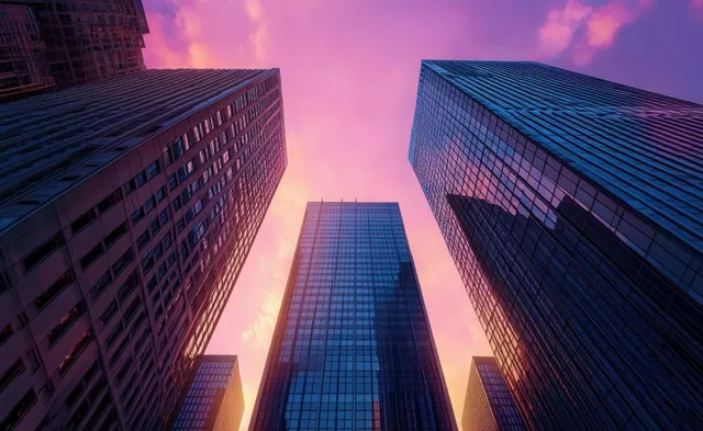 Low-angle view of tall glass skyscrapers reflecting a pink-purple sunset sky above the city street.