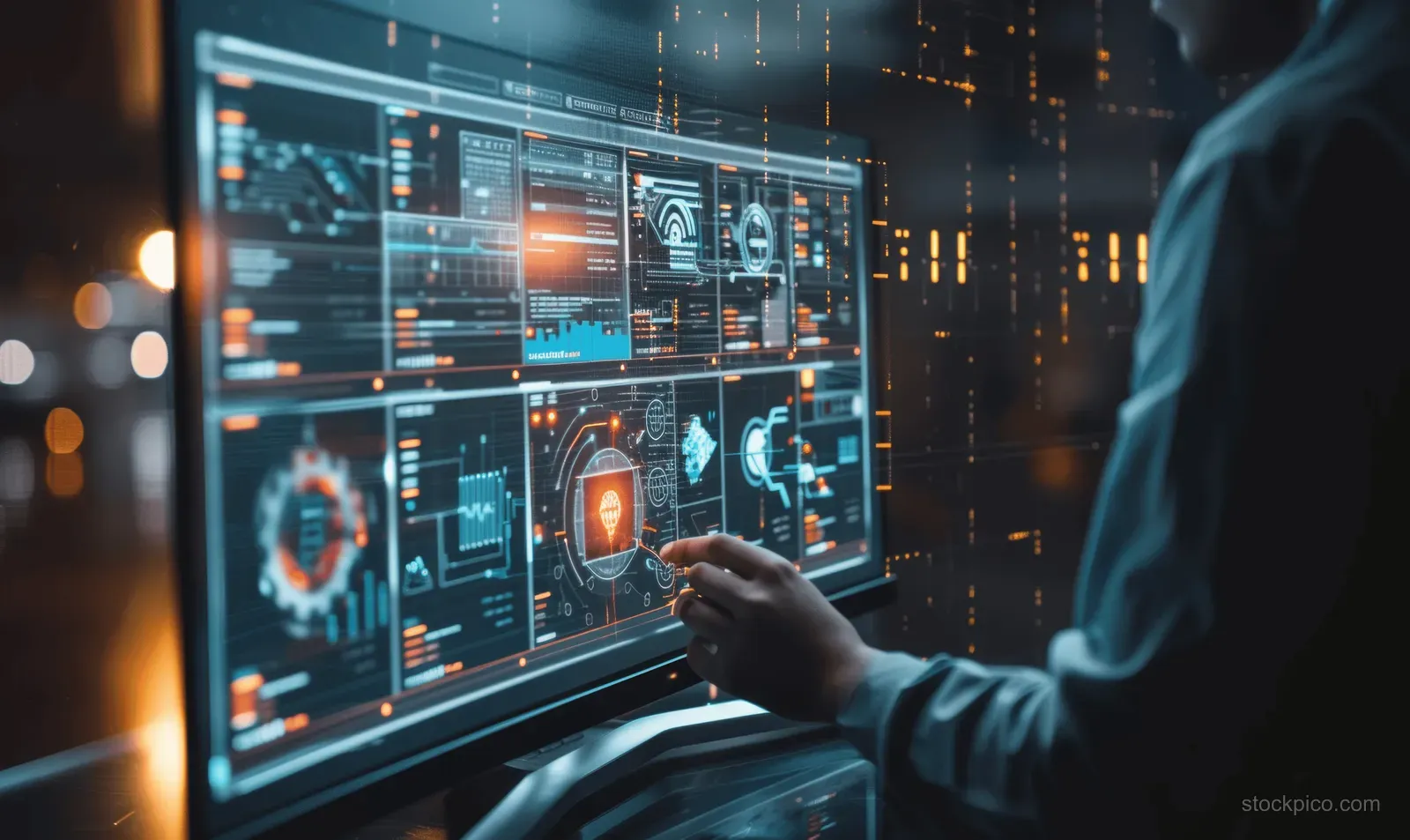 A developer’s hands use a laptop displaying a futuristic AI interface with floating UI panels and digital graphics.