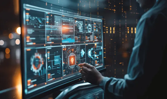 Developer using AI image generation interface on laptop with futuristic UI overlays and data panels