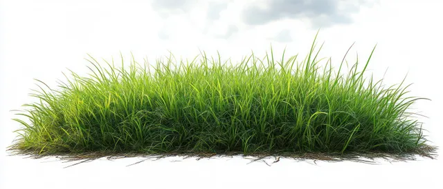 A dense bright green grass tuft is isolated on a white background under soft natural light.
