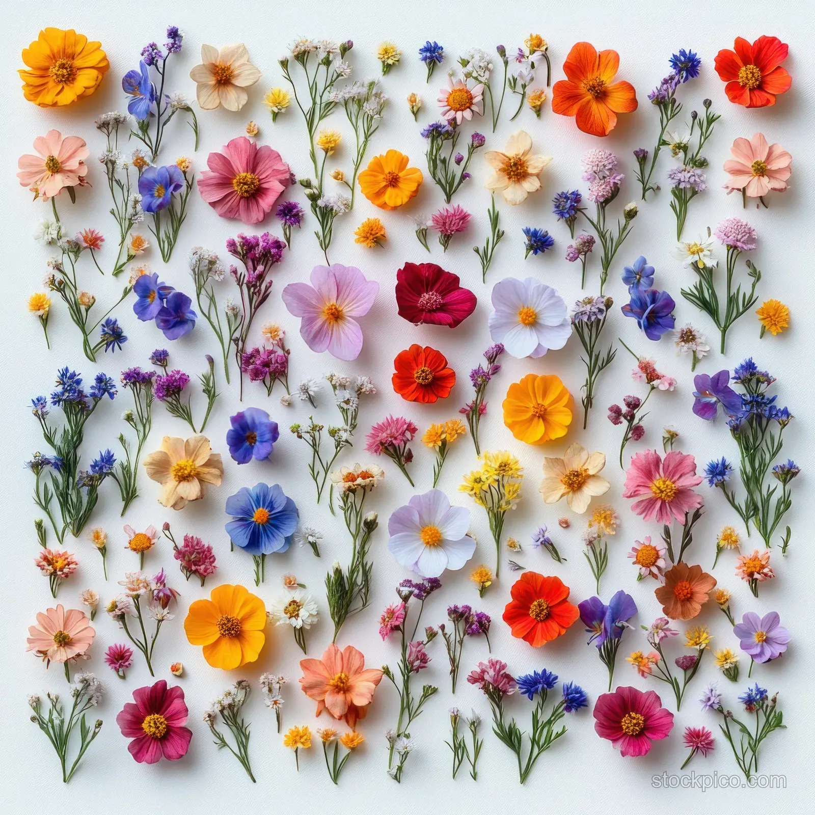 Top-down view of assorted colorful small wildflowers arranged on a clean white background.