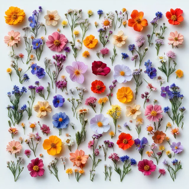 Top-down view of assorted colorful small wildflowers arranged on a clean white background.