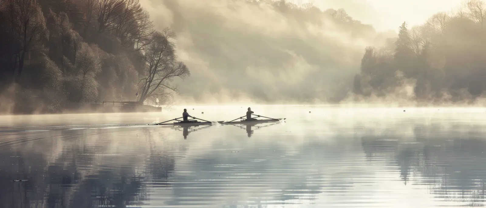Women row a dual sculls boat across a misty lake at dawn as the water mirrors their silhouettes.