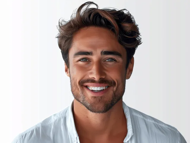 Smiling man in white shirt closeup portrait with neat hair and beard on white background