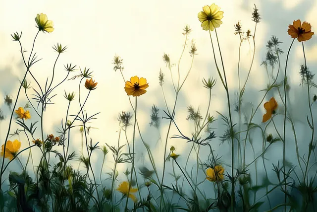 Greenthread flowers in a spring garden with silhouette stems and soft shadows over a pale sky background.