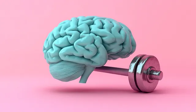 Blue brain model lifted with metallic dumbbell against vibrant pink background