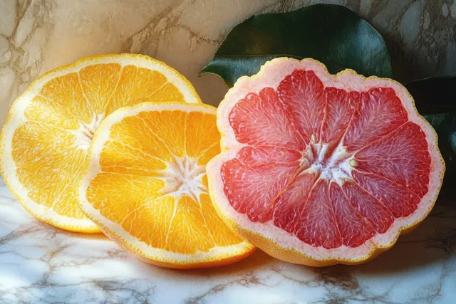 Orange and grapefruit slices arranged on a marble surface with green leaves blurred in the background.