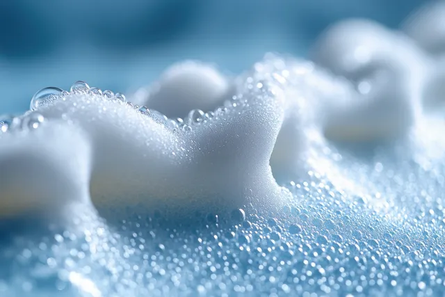 Foamy cleanser bubbles on blurred bathroom backdrop during skincare cleansing