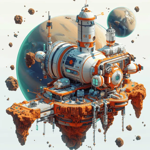 Isometric futuristic space station hovering above Mars with docking arms, antennas, and orange teal lights.