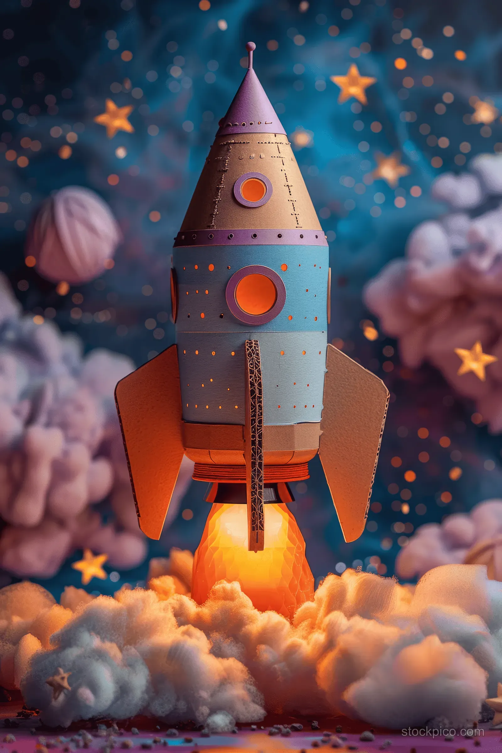 Colorful rocket launches into a dreamy night sky above fluffy clouds and glowing star sparks.