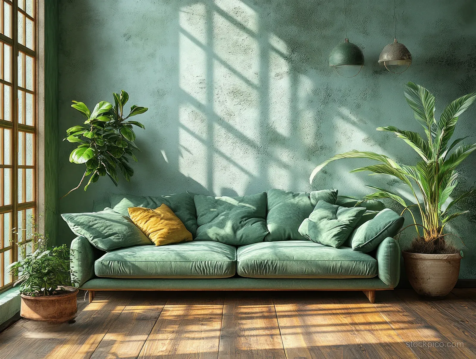 Green sofa in a minimalist Scandinavian living room with sunlight shadows and potted plants on a wooden floor.