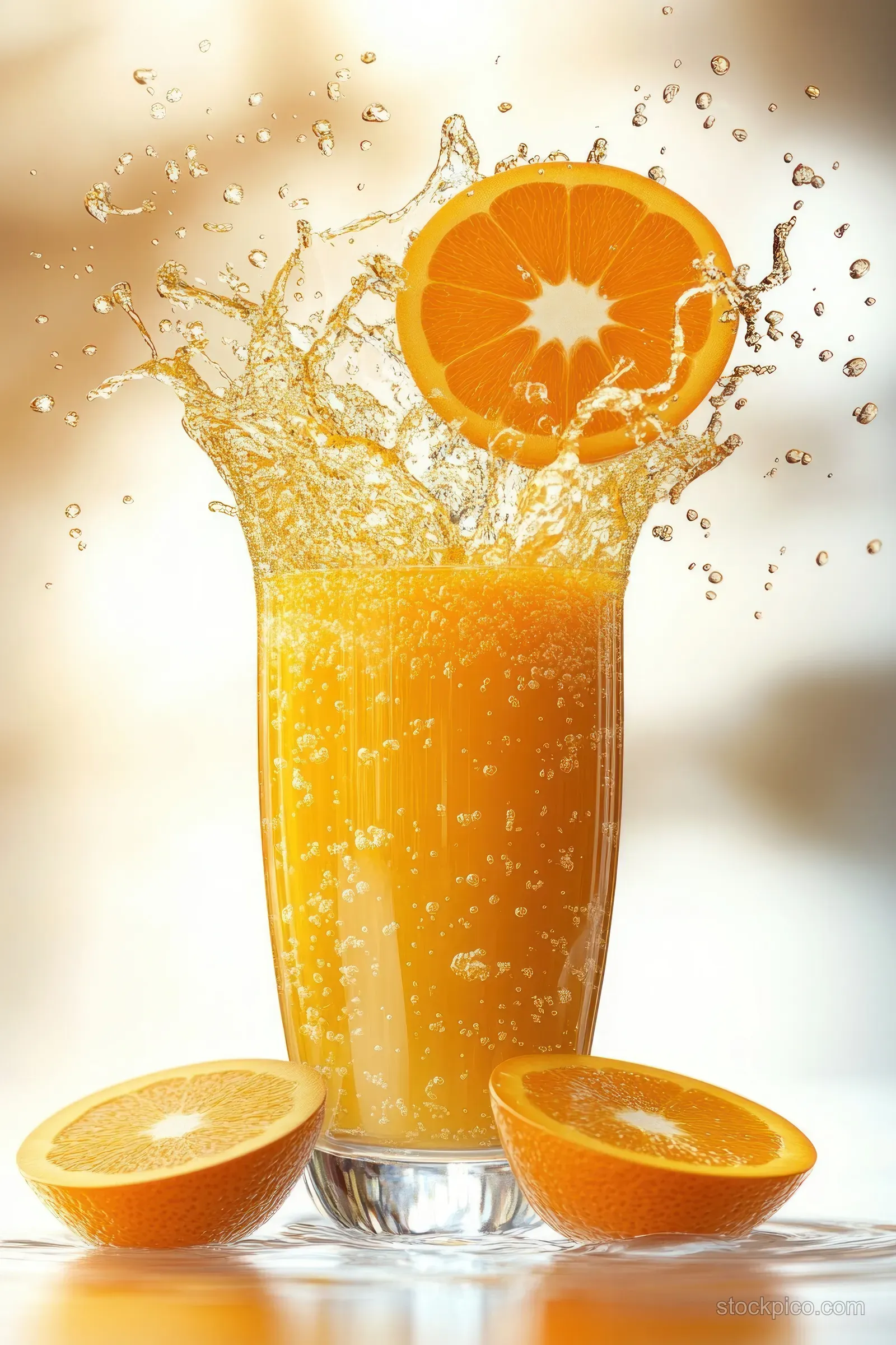 Orange juice splashes from a glass with floating slices and droplets on a white background.