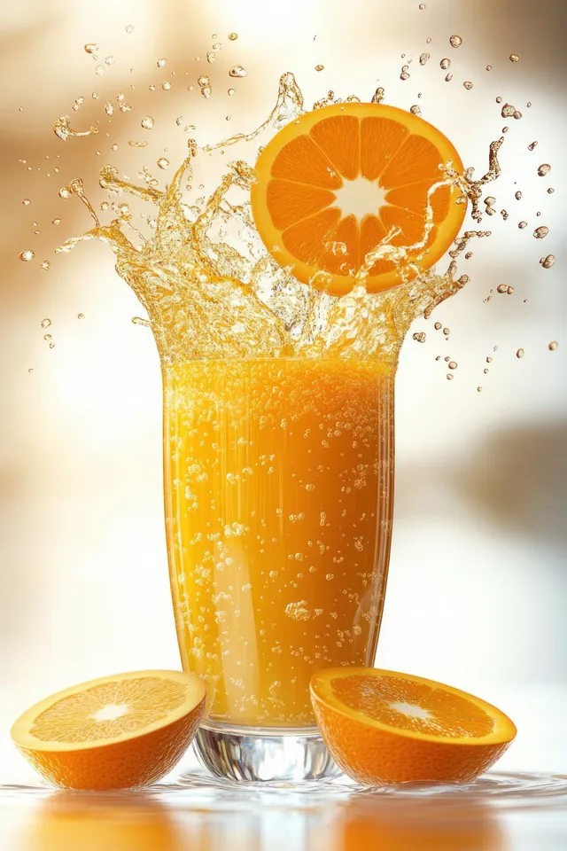 Orange juice splashing from glass with floating slices on white background