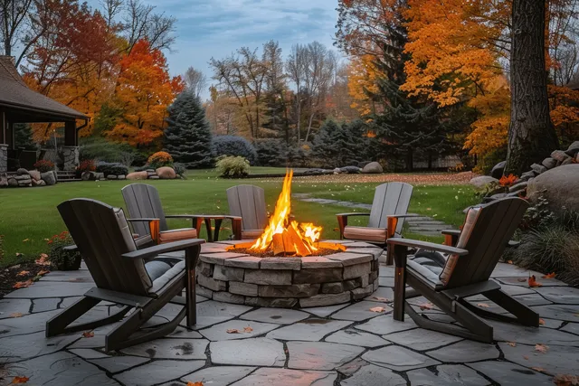 Glowing fire pit in a backyard stone patio with Adirondack chairs and autumn trees at dusk.