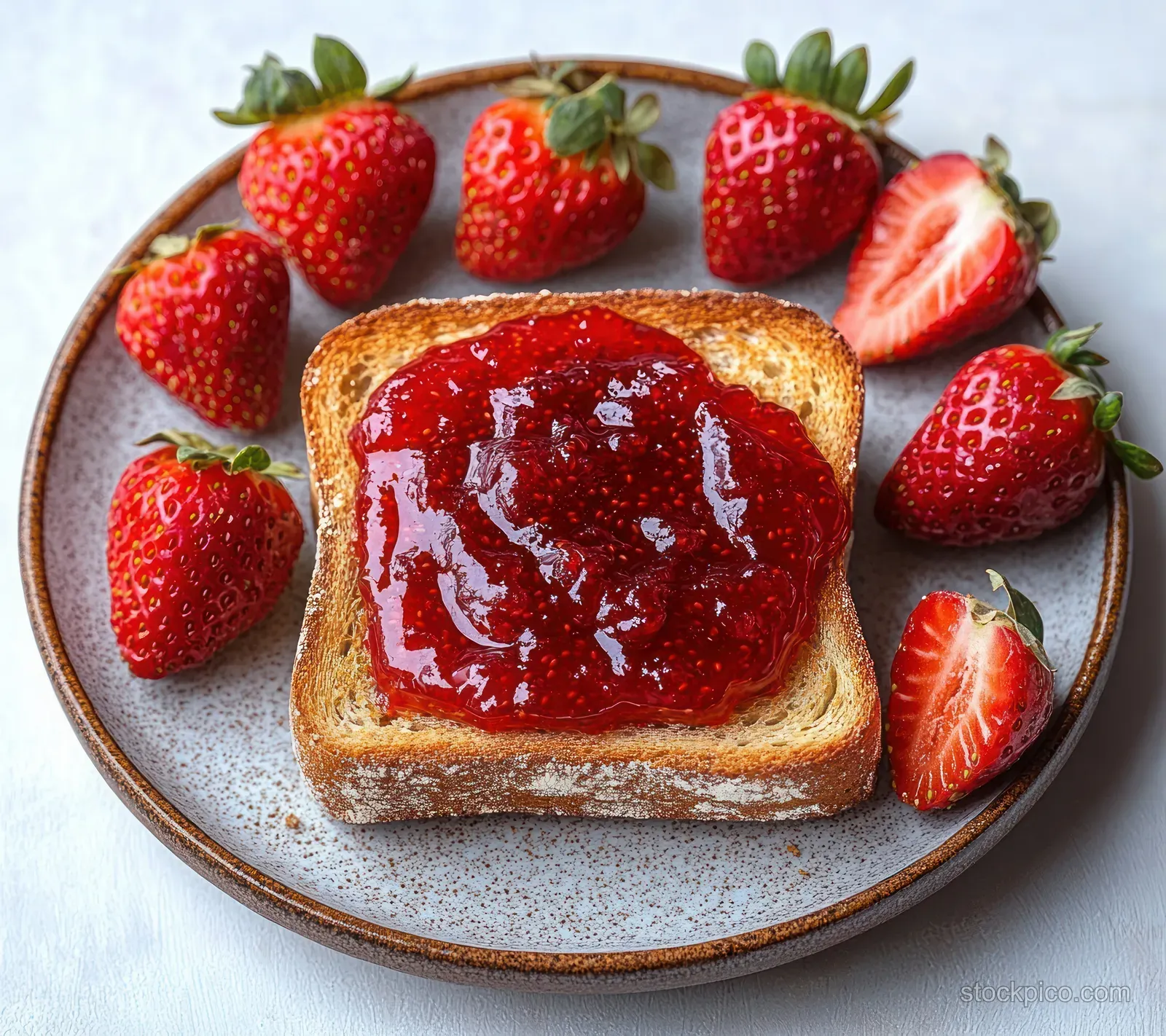 Toasted bread with glossy red strawberry jam sits on a ceramic plate surrounded by fresh strawberries.