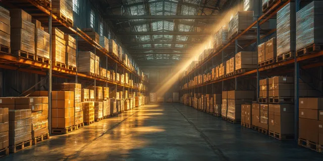 Long warehouse aisle with tall shelving packed with boxes under overhead lights on a concrete floor.