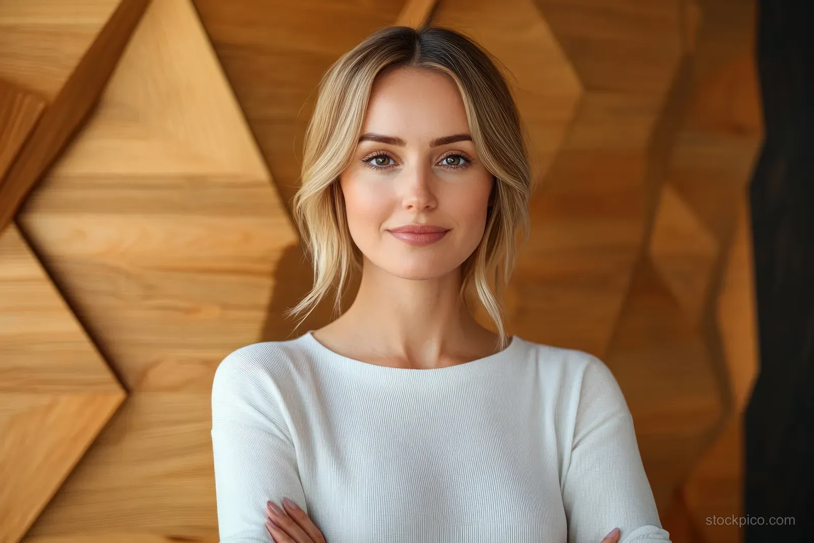 Confident businesswoman stands with arms crossed in a modern corporate office with geometric wooden backdrop.